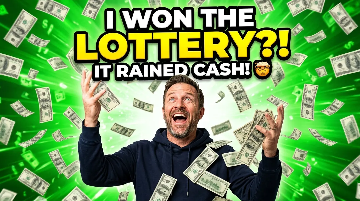 YouTube thumbnail: excited creator with cash raining down and bold 'I won the lottery?!' text