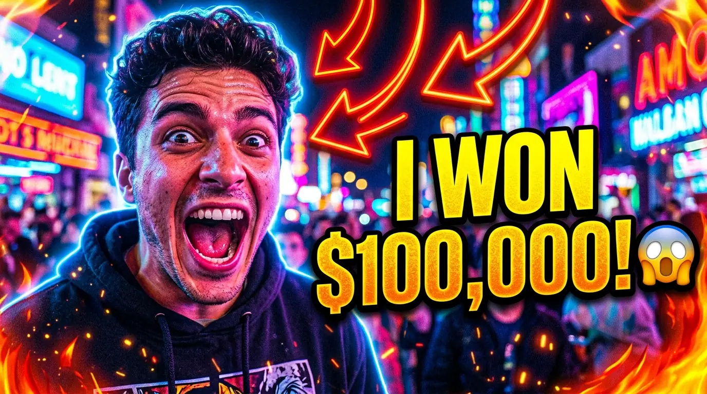 YouTube thumbnail: shocked creator in a neon city with bold 'I won $100,000!' text