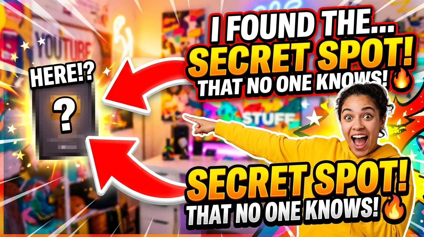YouTube thumbnail: creator pointing at a hidden 'secret spot' with big red arrows