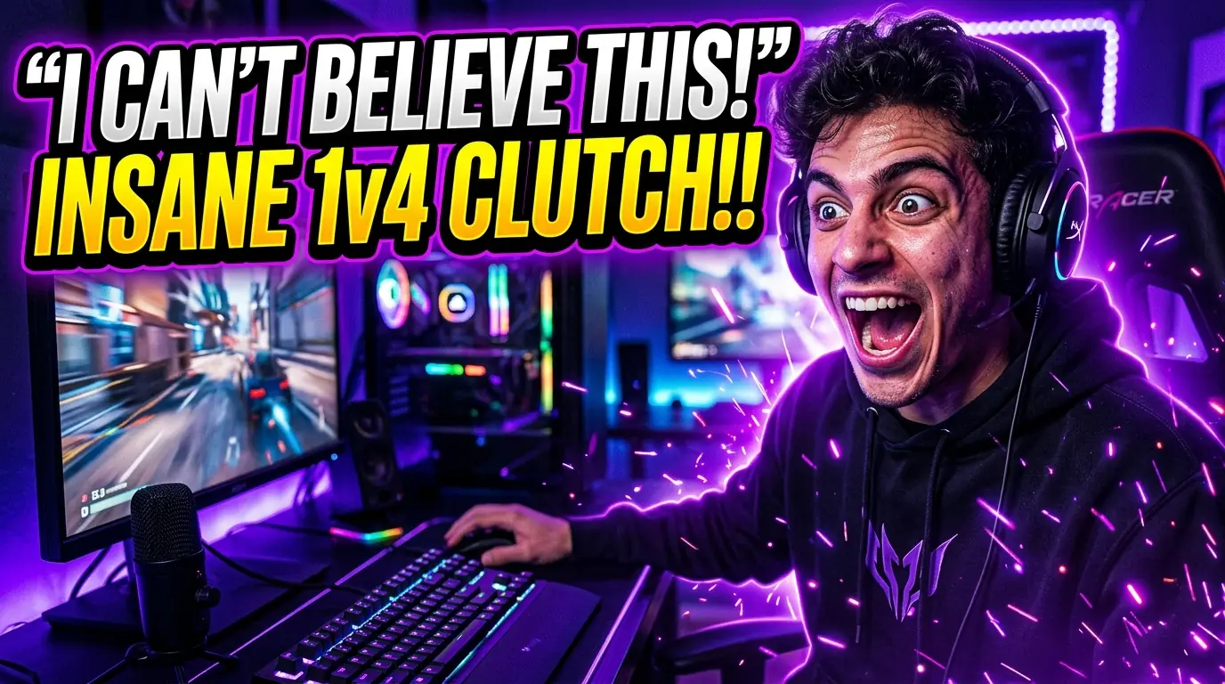 YouTube thumbnail: gamer reacting to an 'insane 1v4 clutch' in a purple-lit setup