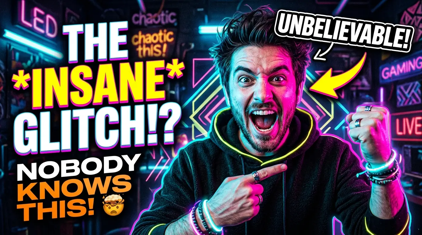 YouTube thumbnail: gamer pointing at 'the insane glitch!?' over a neon background