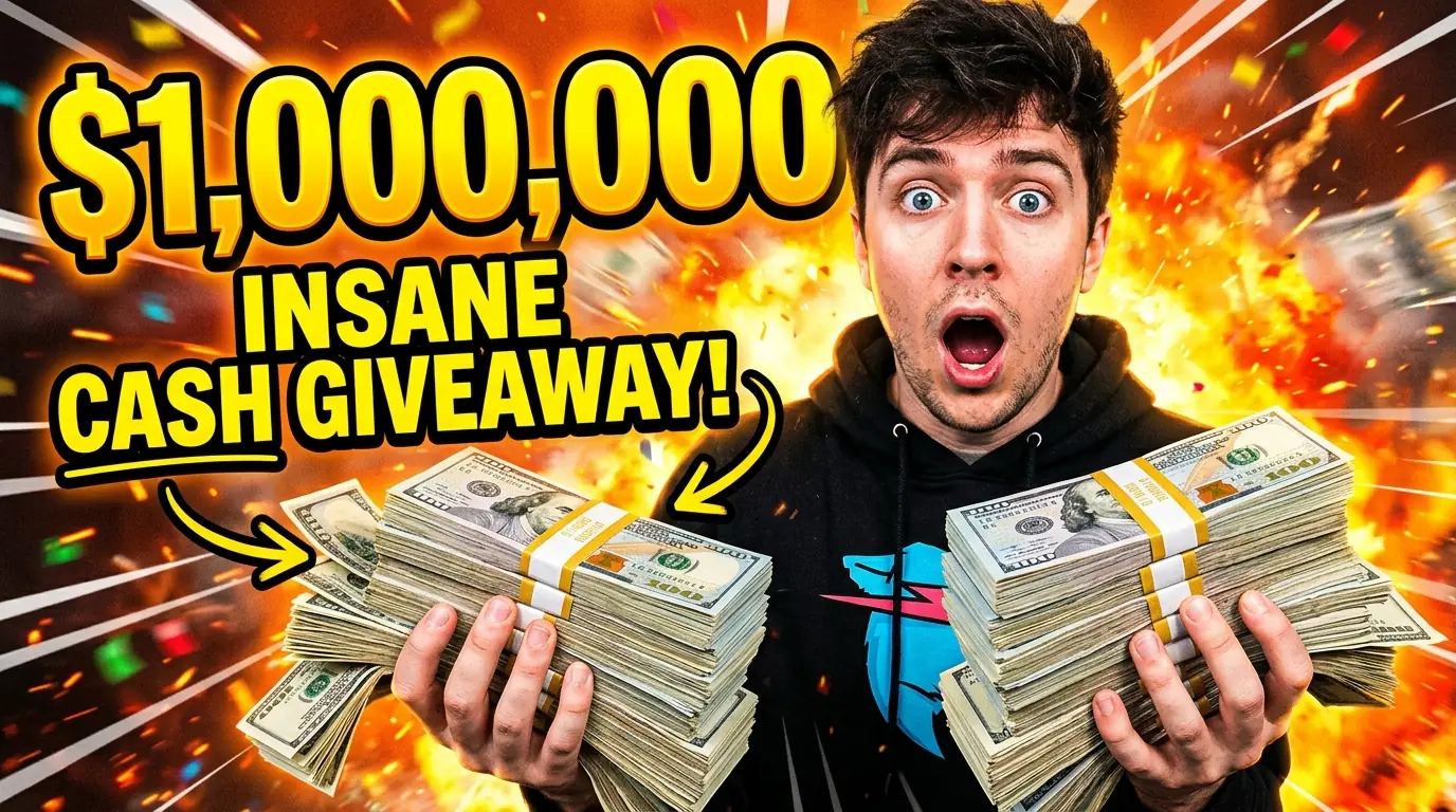 YouTube thumbnail: creator holding stacks of cash for a '$1,000,000 cash giveaway'