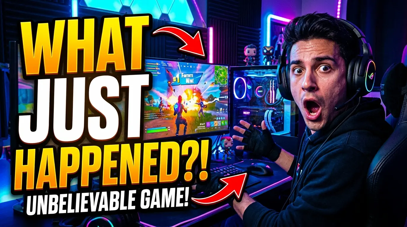 YouTube thumbnail: stunned gamer at a setup with bold 'what just happened?!' text