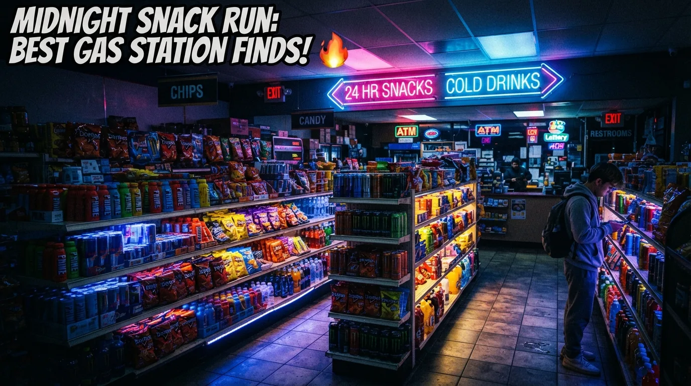 YouTube thumbnail: neon-lit convenience store at night with bold 'midnight snack run: best gas station finds!' text