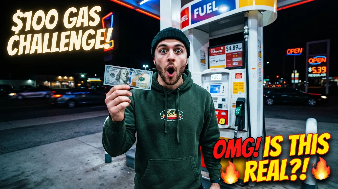 YouTube thumbnail: man holding a $100 bill at a night-time gas station with bold '$100 gas challenge!' text
