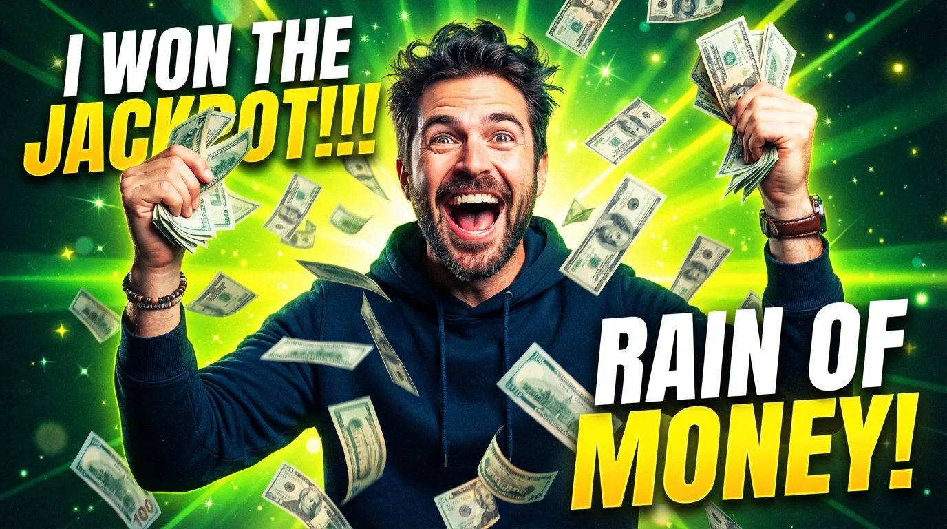 YouTube thumbnail: cheering man amid falling dollar bills with bold 'I won the jackpot!!!' and 'rain of money!' text